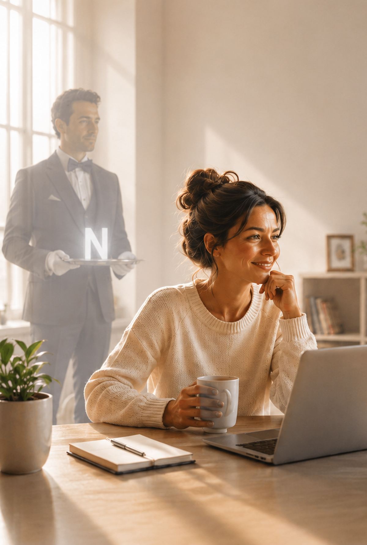 A relaxed woman at her computer, discreetly accompanied by NESTON, the digital butler